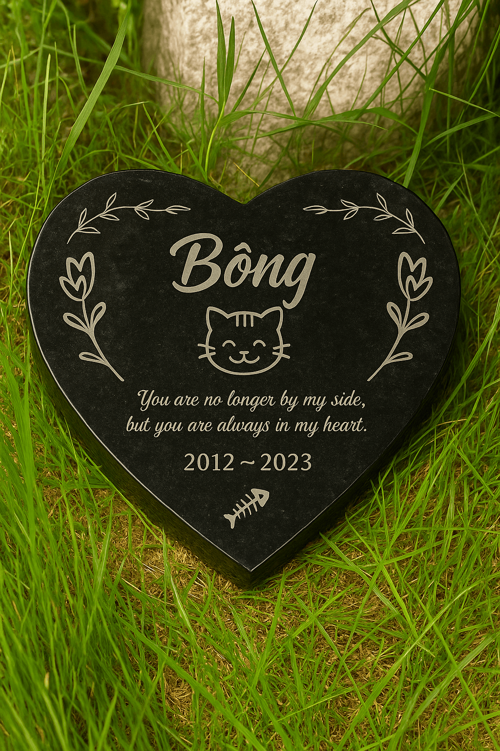 Bia mộ thú cưng hình trái tim Bia mộ thú cưng hình trái tim Granite đen khắc laser - Bia mộ thú cưng Granite hình trái tim khắc laser - Tưởng niệm bền đẹp, lưu giữ yêu thương mãi mãi. - khắc laser sắc nét, bền đẹp theo thời gian