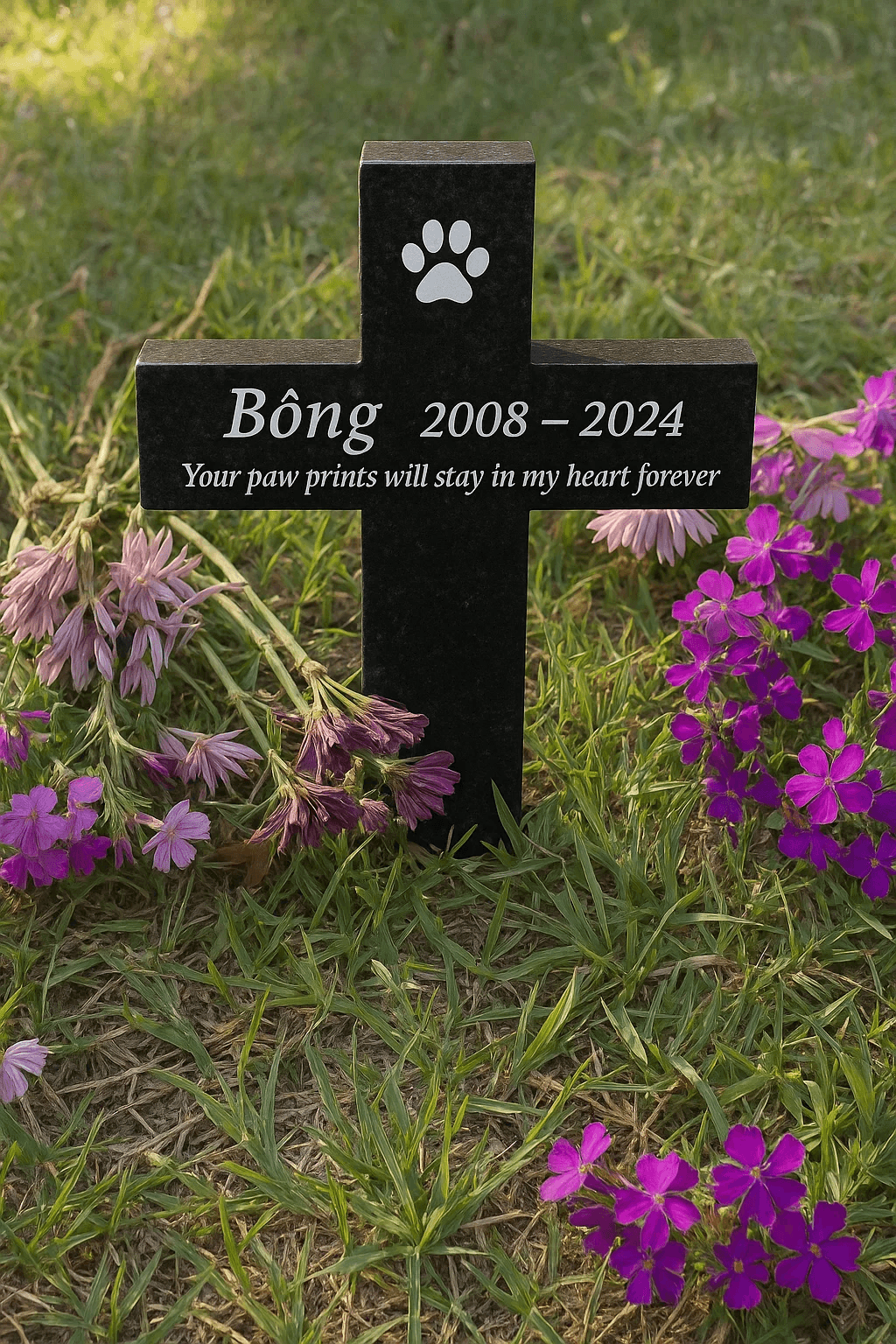 Bia mộ thú cưng có chân cắm Bia mộ thú cưng hình thánh giá đá Granite có chân cắm - Bia mộ thú cưng hình thánh giá đá Granite có chân cắm - Tưởng niệm thiêng liêng, trang nghiêm. - khắc laser sắc nét, bền đẹp theo thời gian